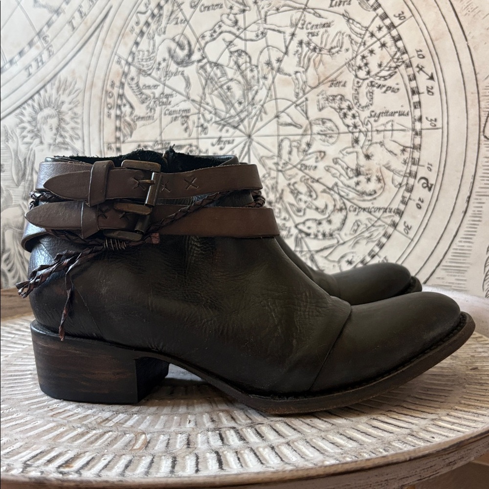 Freebird Simba 8 Black Leather Ankle Boots with Brown Decorative Straps